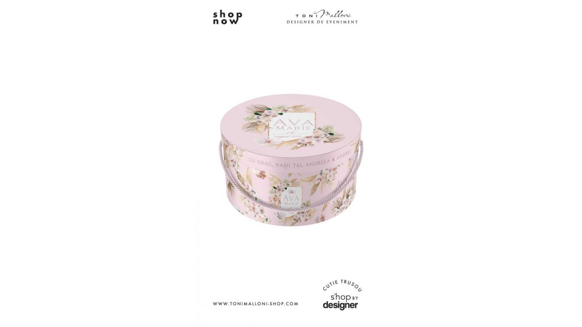 Cutie de botez trusou rotunda design pampass grass in gold alb si roz 3